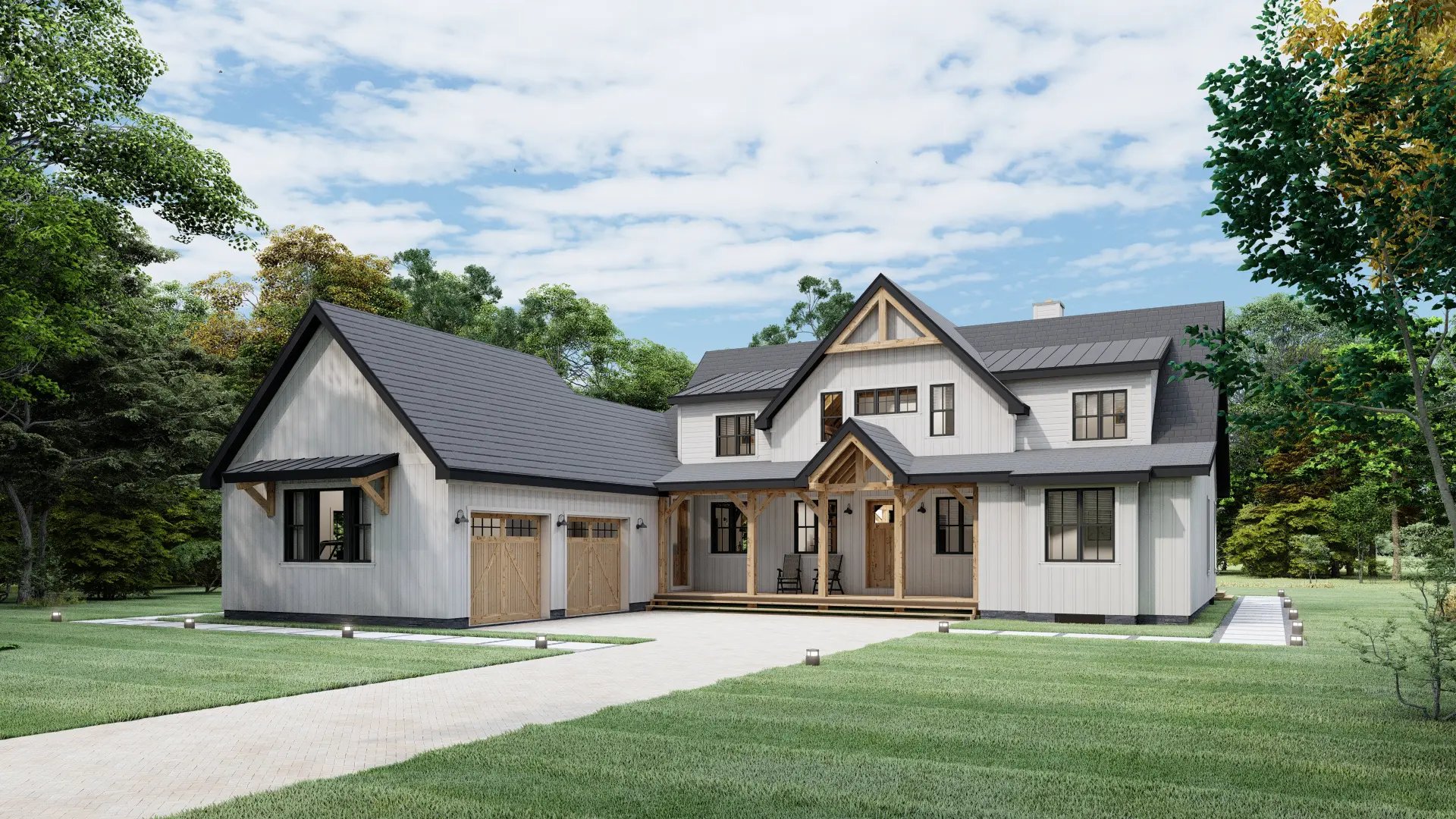 contemporary designs open concept house modern farmhouse style timber frame home Normerica Dufferin 2822 Exterior Front