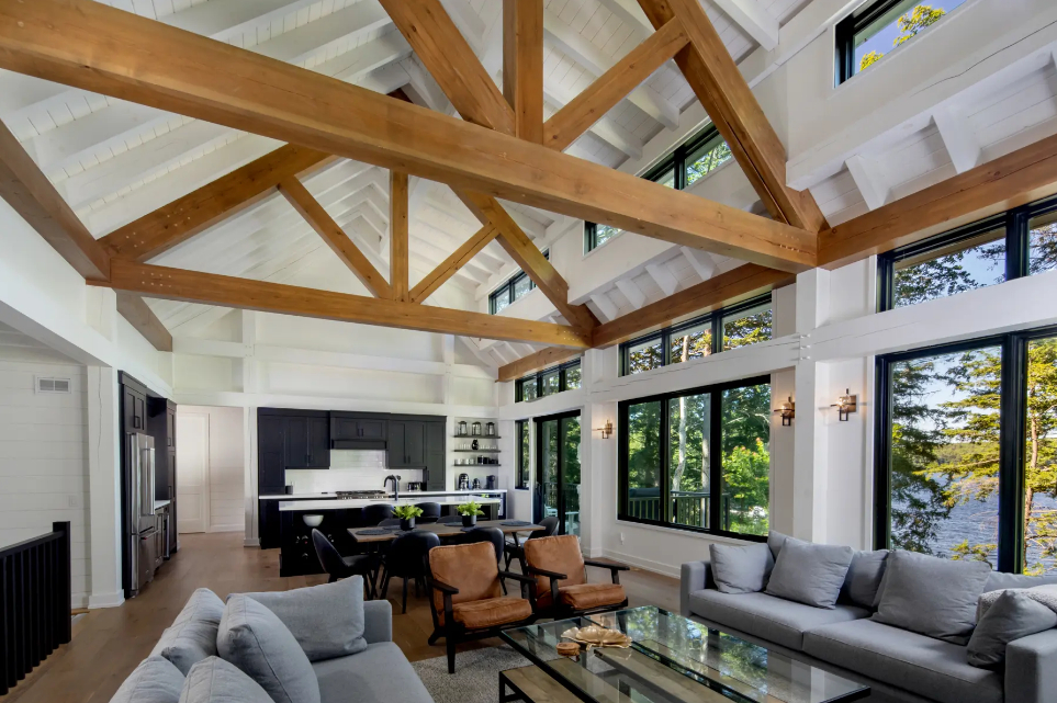 lakeside-cottage-modern-style-bungalow-portfolio-2022-4-monochrome-cool-Normerica-Timber-Frame-cottage-great-hall