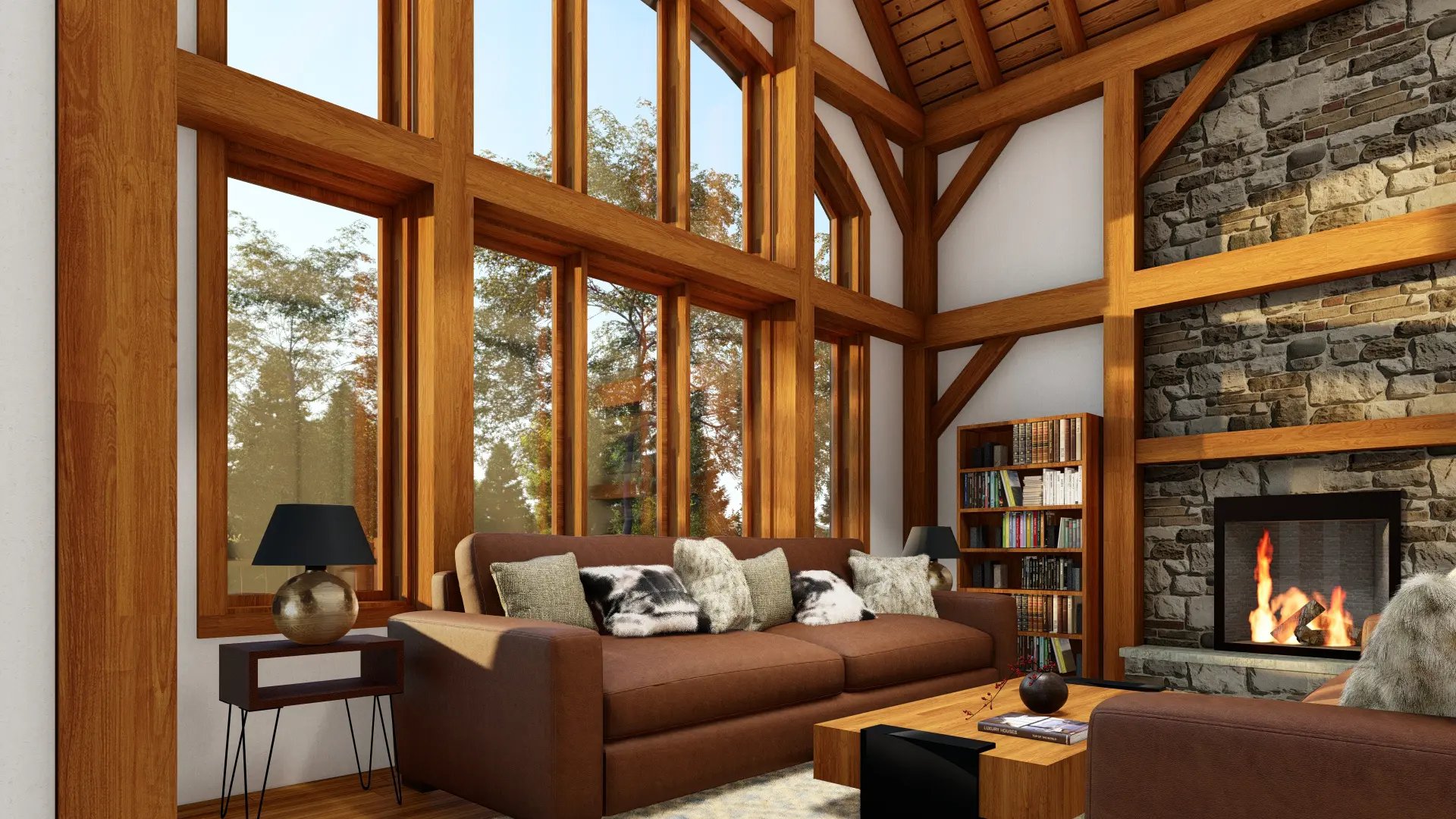 log home plan log cabin floor plans wooden houses build log home Normerica Timber Frame Log Homes Ontario Tobermory 3949 Interior Living Room Fireplace Windows