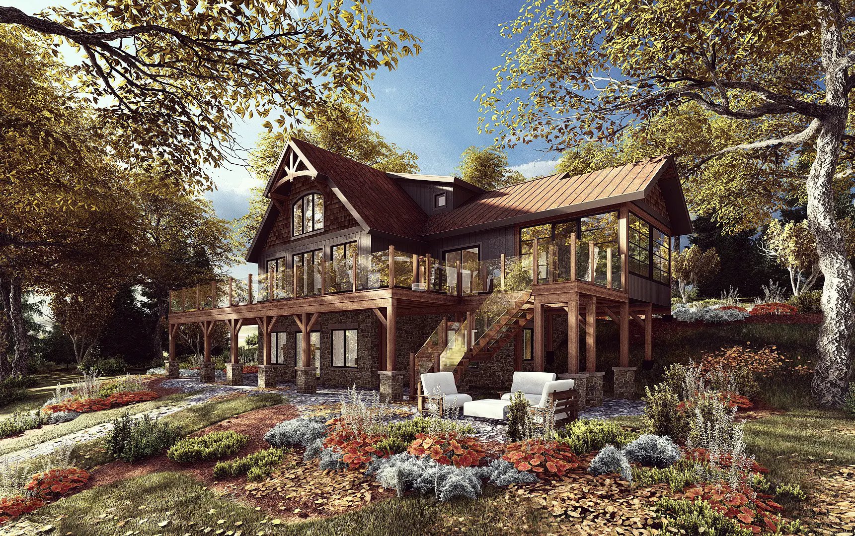 log home plan log home builder wooden houses build log home Normerica Timber Frame Log Homes Ontario Kennebec Exterior Rear 2