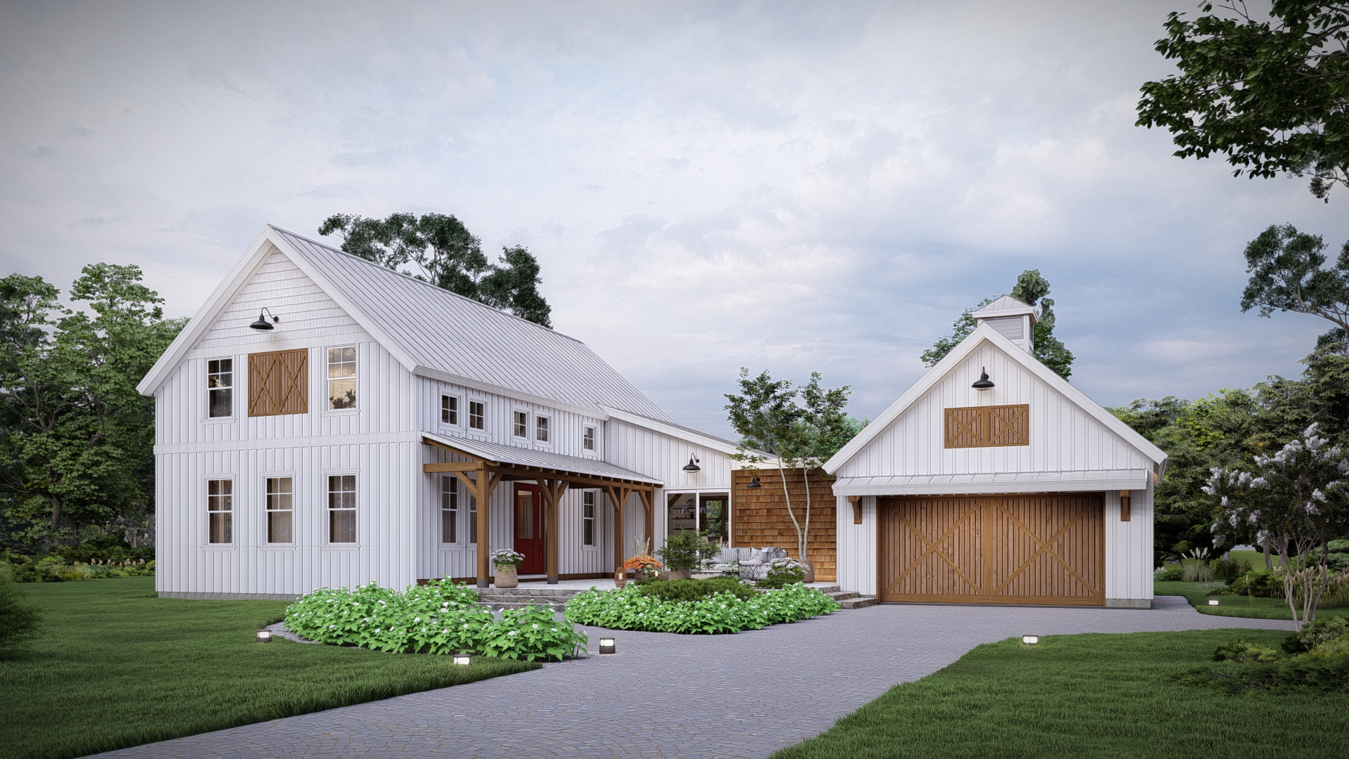 modern farmhouse plans cottagecore barn home timber house plans Normerica Kettleby 4001 Exterior Front Garage