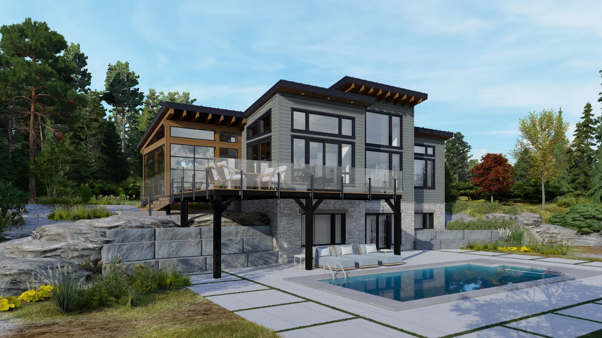modern bungalow house plans contemporary designs open concept house modern timber frame home Normerica Kershaw 3808 Exterior Back Side Pool