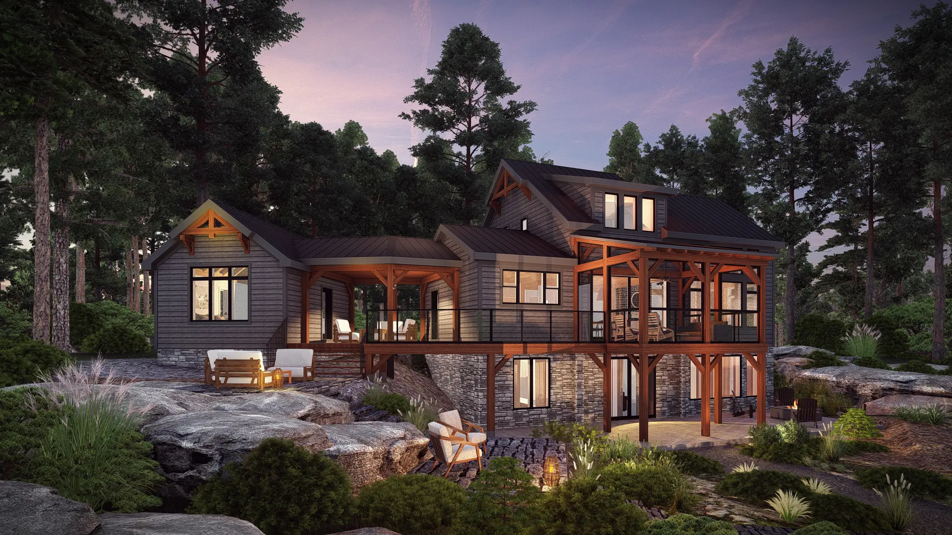 ontario cottage plans luxury cottage designer timber frame homes Normerica Ranger-3575 Exterior Rear Cabin Side Dusk